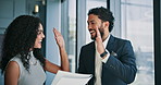 Business people, tablet or documents with high five for teamwork, success or winning at office. Businessman, woman or coworkers with smile, paperwork or technology for good news together at workplace