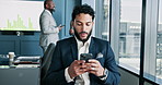 Business, man and typing with phone in meeting for finance email, schedule update and financial report. Accountant, thinking and mobile with research, proposal feedback and investment notification