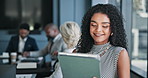 Happy, online and woman with tablet, business and social media specialist in boardroom and browsing. Office, colleagues and person with tech for campaign performance, scroll and smile in meeting