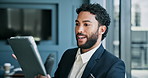 Tablet, video call and businessman in office with contact for stock market development with investment. Digital technology, communication and financial manager on virtual meeting for finance proposal