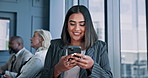 Business, woman and typing with phone in meeting for email, schedule update and finance report. Accountant, mobile and research with financial growth, proposal feedback and investment notification