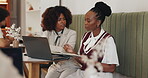 Business people, notes and discussion with laptop in cafe, article information and teamwork. Coffee shop, writing and women as journalists with digital, blog book or angle solution for press release