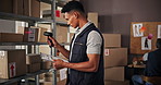Scanner, shipping and man with boxes and clipboard for delivery, logistics and distribution business. Ecommerce, checklist and person with documents for supply chain, package or stock inventory label