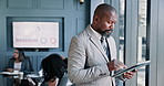 Business people, meeting and man in office, tablet and financial consultant with feedback. Person, accounting or employee in workplace, tech or charts to review profit, economy analyst or internet