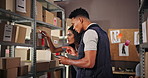 Tablet, shelf and warehouse team check stock, inspection and supply chain for fashion business. Box, inventory and people in discussion with technology for logistics, shipping  or planning in startup