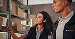 Shelves, shipping and people with boxes for inventory, logistics and distribution for teamwork. Ecommerce, business and man and woman check products for supply chain, packages checklist and delivery