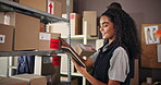 Logistics, woman or tablet with box inspection for inventory management, parcel distribution or shipping process. Supply chain, worker and digital app for quality control and order info in warehouse