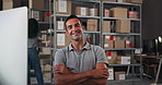 Crossed arms, shipping and face of man with boxes on computer for delivery, logistics and distribution. Ecommerce, professional and portrait of person for supply chain, online shopping and inventory