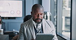 Business, internet and man in office, tablet and financial consultant with connection. Person, accounting or employee with digital app, tech or charts for profit growth, economy analyst and network