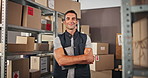 Crossed arms, shipping and man with boxes and tablet for delivery, logistics and distribution business. Ecommerce, professional and portrait of person for supply chain, checklist and stock inventory