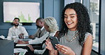 Happy, business and woman with phone in meeting for reading email, schedule update and financial planning. Accountant, mobile and laughing with funny joke, finance report and investment notification