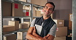 Crossed arms, delivery and man with boxes and tablet for shipping, logistics and distribution business. Ecommerce, professional and portrait of person for supply chain, checklist and stock inventory