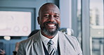 Face, confident or mature businessman in meeting with smile, corporate experience or finance career. Proud, manager or happy financial advisor in office for investment growth, portrait or ambition