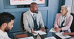 Businessman, meeting and analytics with documents for corporate discussion or performance review. Man, employees or talking with team for company strategy, statistics or improvement in boardroom