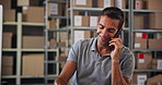 Phone call, warehouse and man with box for shipping, package distribution and supply chain orders. Ecommerce business, delivery and person with notes on smartphone for contact, talking and logistics