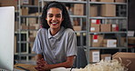 face, computer and happy woman in warehouse for distribution stock with cardboard boxes on shelf. Digital technology, laughing and logistics worker checking online order, packages or ecommerce parcel