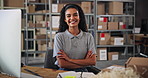 Face, confident and happy woman in warehouse for distribution stock with cardboard boxes on shelf. Digital technology, computer or logistics worker checking online order, packages or ecommerce parcel