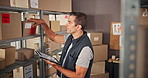 Man, boxes and search with tablet for distribution, order inspection or quality control for inventory. Distributor, check and digital list for ecommerce package, supply chain or logistics of courier