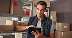 Man, boxes and checklist with tablet for distribution, order inspection or quality control for inventory. Distributor, stock and digital tech for ecommerce package, supply chain or courier logistics