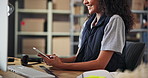 Phone, hands and woman in office for shipping, logistics notification and typing email. Mobile, warehouse and ecommerce worker online for distribution, smile and chat with business client for order