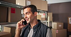 Phone call, shipping and man with boxes for delivery, logistics and distribution in warehouse. Ecommerce, business and person on smartphone talking for supply chain, contact and online inventory