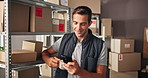 Phone, shipping and man with boxes and coffee for delivery, logistics and distribution business. Ecommerce, smartphone and person with drink on break for supply chain, social media or stock inventory