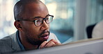 Office businessman and thinking with computer for reading, software glitch and error for ux developer. Coworking, male person and web designer with digital for problem solving, seo solution or stress