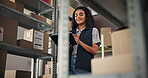Woman, boxes and inspection with tablet for distribution, order search or quality control for inventory. Distributor, below and digital list for ecommerce package, supply chain or courier logistics