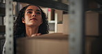 Woman, boxes and search with inventory for distribution, order inspection or quality control for cargo. Distributor, check and parcel for ecommerce package, supply chain or logistics of courier