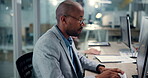 Typing, online and computer with business man in office for research, reading and admin report. Account manager, policy and planning with employee in agency for client feedback, advisor and broker