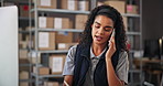 Phone call, factory and woman writing for delivery, package distribution and supply chain orders. Ecommerce business, shipping and person with notes on smartphone for contact, talking and logistics