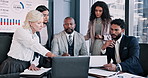 Business, people and laptop in meeting for finance report, brainstorming and company growth. Staff, talk and online with document for financial budget, investment opportunity and negotiation feedback