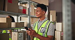 Man, boxes and thinking with phone for distribution, order inspection or quality control for inventory. Distributor, check and digital list for ecommerce package, supply chain or logistics of courier