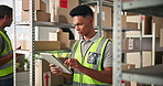 Man, boxes and quality control with tablet for distribution, order inspection or checklist for inventory. Distributor, delivery and stock list for ecommerce package, supply chain or courier logistics