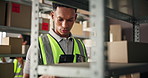 Logistics, phone and man with box by shelf in warehouse for package information, parcel distribution or shipping process. Supply chain, worker and mobile app for stock inspection and quality control
