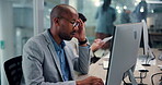 Stress, headache and computer with business man in office for research glitch, tired and admin report. Debt manager, fatigue and auditor with employee in agency for client feedback and broker