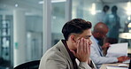 Tired, stress and computer with business man in office for research glitch, headache and admin report. Debt manager, fatigue and planning with employee in agency for client feedback and broker