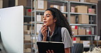 Face, reading and woman on computer in warehouse for distribution stock with cargo boxes. Digital technology, factory or logistics worker checking online delivery order, packages or ecommerce parcel
