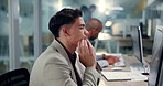 Fatigue, stress and computer with business man in office for research glitch, headache and admin report. Debt manager, tired and planning with employee in agency for client feedback and broker