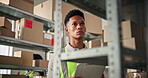 Man, supply chain and quality control with tablet for inventory, order inspection or checklist for distribution. Distributor, delivery and stock list for ecommerce package, boxes or courier logistics