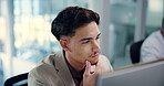 Thinking, research and computer with business man in office for idea, virtual advisor and policy update. Admin review, company guideline and planning with employee for client feedback and vision