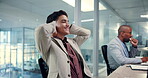 Business man, computer and done with stretching for research, proposal and submission for deadline. Project manager, success and relax in workplace for achievement, relief and complete report