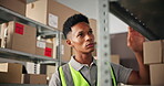 Man, supply chain and quality control with tablet for inspection, order inventory or checklist for distribution. Distributor, delivery and stock list for ecommerce package, boxes or courier logistics