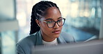 Reading, glasses and computer with business woman in office for admin account, email and audit. Online report, planning and research with employee in agency for policy update, consultant and broker