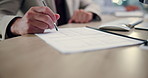 Hands, business and person with document in office of corporate contract, agreement and checklist. Employee, computer and paperwork for to do list, schedule update and policy application of insurance