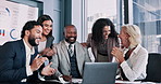 Happy, business people and celebration with applause on laptop for winning, promotion or success at office. Excited, group or employees clapping with smile on computer for good news or achievement