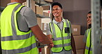 Handshake, boxes and people for shipping, delivery and distribution business for collaboration. Teamwork, onboarding and men and women shaking hands for logistics, supply chain and dropshipping