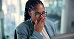 Tired, yawning and computer with business woman in office for research glitch, bored and review mistake. Debt manager, fatigue and research with employee in agency for audit, planning and broker