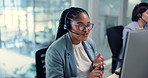 Businesswoman, computer and talking with mic for call center, sales research and consulting with client. Coworking, female consultant or headset in office for customer service, crm help or discussion