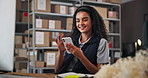 Phone, smile and woman in office for shipping, logistics ideas and typing or scroll email. Mobile, warehouse and ecommerce worker online for distribution, think or chat with business client for order